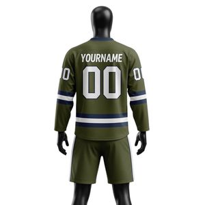 Conjunto de Camiseta y Pantalones Cortos de Hockey sobre Hielo Sublimados en Verde Oliva y Blanco para Hombre, Cuello en V, Rayas, Poliéster, Uniforme Deportivo, Ropa de Entrenamiento - Product Image 2