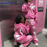 Ensemble de survêtement unisexe rose en molleton 2 pièces, coupe droite, longueur intégrale, style streetwear hiver, hip-hop, 100% coton