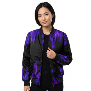 ROLEIN Unisex Long Front Purple Flame Print Eco-Friendly <b>Fleece</b> Bomber Jacket <b>Zipper</b> Closure Hooded Collar Casual Winter - Product Image 2