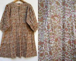 Mini robe indienne Elizabeth Maxi à imprimé floral moutarde, décolleté Henley avec cravates en coton, mini robe pour femmes, nouvel arrivage - Product Image 2