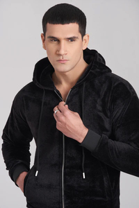 Survêtement à capuche en velours noir pour homme, fermeture éclair intégrale, poches latérales, vêtements décontractés d'hiver - Product Image 4