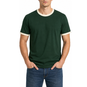T-shirt Ringer Homme Très Demandé Bicolore Vert Forêt avec Bordure Contrastante Manches Courtes Coupe Slim Décontracté Uni - Product Image 1