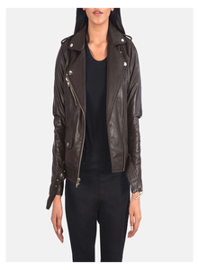 Chaqueta de Motociclista de Cuero Genuino Negro para Mujer, con Cierre de Cremallera, Cuello Alto, Manga Larga, Estilo Otoñal - Product Image 2