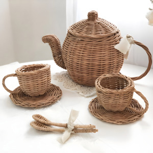 Nuevos productos calientes, juegos de teteras de madera no tóxicas, juego de juguetes de té para niños de ratán Premium - Product Image 1