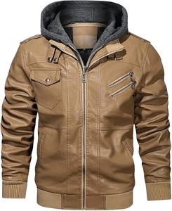 Blouson aviateur décontracté en cuir PU pour homme avec col montant, veste zippée d'hiver avec capuche amovible et poches pour homme - Product Image 1