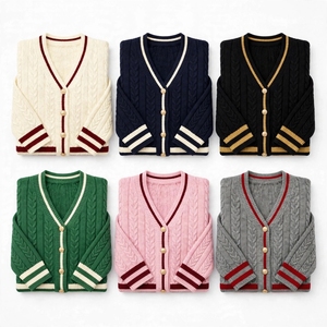 Custom Logo Women Cream <b>Cable</b> <b>Knit</b> <b>Cardigan</b> Sweater V Neck Burgundy Striped Trim Gold Buttons Varsity Preppy Fall Winter Apparel - Product Image 6