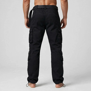 Pantalon cargo noir pour homme, plusieurs poches, respirant, 100% coton, style workwear, poids moyen, taille élastique, fermeture à cordon - Product Image 3