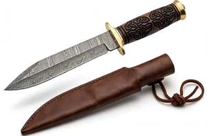 Couteau utilitaire de style japonais en acier Damas artisanal, manche en bois sculpté, étui en cuir - Product Image 3