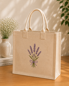 Jute Tote <b>Bag</b> with Lavender Embroidery <b>Medium</b> <b>Size</b> Reusable Beach Shopping Daily Use Handheld Handle - Product Image 1