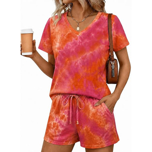 Conjunto de 2 piezas de camiseta oversize informal de verano para mujer y shorts de ciclista, ropa de descanso de color liso, venta al por mayor, tie dye - Product Image 1