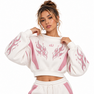 Y2K Rhinestone Graphic White Pink Cropped Sweatshirt <b>Shorts</b> Set Custom Heavyweight Fleece Women's <b>Sparkly</b> Tracksuit OEM Factory - Product Image 2