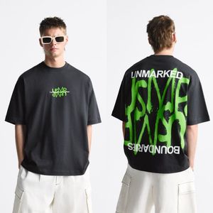Camiseta Negra Extra Grande para Hombre, sin Marca, con Estampado de Letras Verdes, Estilo Urbano, Manga Corta, Cuello Redondo, Algodón Jersey, Transpirable - Product Image 1