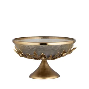 Round Metal Cake Stand with Leaf Design Polished Gold Finish Handmade <b>Decorative</b> <b>Plate</b> for Party Occasions - Product Image 1
