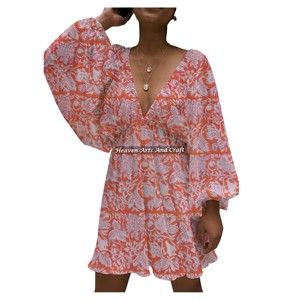 Vestidos de Moda al por Mayor para Mujer y Niña, Vestido Elegante con Cuello en V Profundo y Mangas Farol, Vestidos Asimétricos Personalizados de Algodón con Cuello en V Profundo y Mangas Farol - Product Image 4