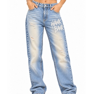 Jean en denim stretch délavé et déchiré pour femme, coupe slim, avec détails déchirés aux genoux, effet délavé, extensible et flexible - Product Image 1