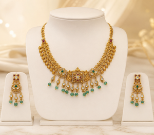Conjunto de Collar y Pendientes Kundan Tradicionales y Modernos, con Perlas Doradas y Piedras Verdes y Rojas, Joyería de Boda para Mujer - Product Image 1