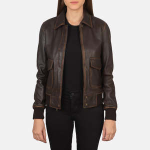 Chaqueta Bomber de Cuero Genuino para Mujer con Bolsillos Grandes, Cuello Camisero, Cierre de Cremallera, Color Sólido, Chaqueta para Otoño - Product Image 1