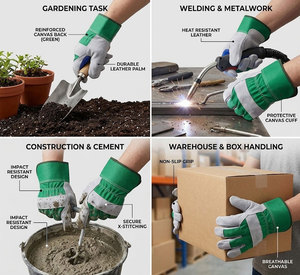 Guantes de trabajo de cuero vacuno premium con parche verde y puño de seguridad de tela de algodón perforada para jardinería - Product Image 4