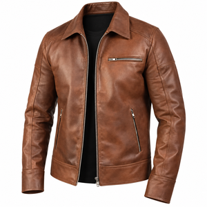 Chaqueta de Motociclista para Hombre, de Cuero Genuino Marrón, con Lona, Impermeable, Transpirable, Anti-UV, Resistente al Viento, con Cierre de Cremallera y Cuello Plegable - Product Image 3