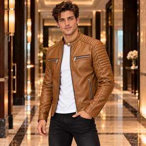 Veste en cuir véritable pour homme, style motard, avec manches rembourrées, fermeture éclair asymétrique, ceinture à la taille, vêtement d'extérieur de luxe pour l'hiver - Product Image 2
