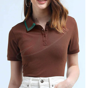 เสื้อโปโลสีน้ำตาล แขนสั้น สีพื้น ผ้าถัก 100% คอตตอน ปิเก้ สไตล์ลำลอง สำหรับผู้หญิง ขายส่งแบรนด์ - Product Image 1
