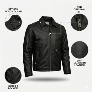 <b>Men's</b> Slim Fit Woven Leather <b>Safari</b> <b>Jacket</b> Stand Collar Zipper Closure Solid Green Regular Length Casual Autumn Wear - Product Image 6