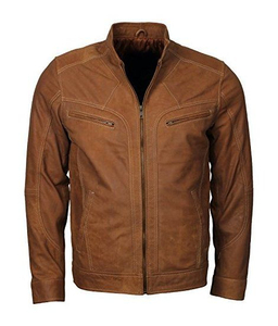 Blouson moto en cuir noir pour homme, col montant, fermeture éclair sur le devant, coupe ajustée, couleur unie, manches classiques, style motard, pour l'automne - Product Image 5