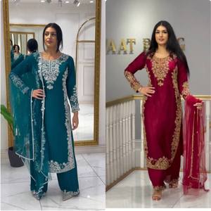 Conjunto de Traje de 3 Piezas de Seda Romana Premium, Bordado, Sin Arrugas, con Dupatta de Tela Suave, Diseño para Mujer, para Fiestas, Todas las Temporadas - Product Image 5