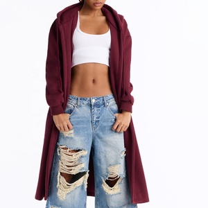 High Quality Wine Red <b>Long</b> <b>Hooded</b> <b>Cardigan</b> Open Front Knitted Duster Coat Casual Autumn <b>Women</b> Outerwear Fleece Trench Coat - Product Image 1
