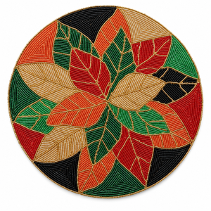 Multi Color Botanical Leaf Glass Beaded <b>Round</b> Modern Handmade <b>Placemat</b> with Red Green <b>Gold</b> Design | Luxury Dining Decor - Product Image 1