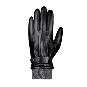 Classic Black Leather Winter Gloves for Men Touchscreen Capable Wool Knit Wrist Cuff and Snap Button Driving & Riding Gloves - Product Image 5
