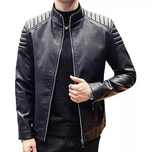 Men's <b>Black</b> PU Leather Moto <b>Jacket</b> Stand Collar Zipper Closure Slim Fit Regular Length Solid Color Autumn Wear - Product Image 1