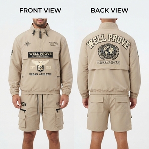 Ensemble court coupe-vent vert pour homme 110 GSM en nylon premium avec empiècements horizontaux brodés, style streetwear, séchage rapide pour l'été - Product Image 5