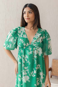 Robe midi vert à imprimé floral, col en V, manches bouffantes, style bohème ample, en mousseline, décontractée d'été pour femme, respirante et unie - Product Image 2