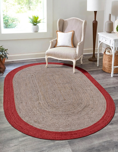 Alfombra ovalada de yute tejida a mano, yute natural con borde rojo, alfombra trenzada hecha a mano, alfombra de estilo bohemio y rústico, tamaño personalizado - Product Image 1