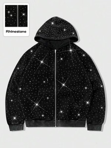Custom Men's Crystal Studded Full <b>Rhinestone</b> Zip Up Hoodie 100% Cotton Oversized Streetwear Fleece <b>Jacket</b> Autumn OEM - Product Image 5