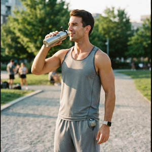 Men's Gray Tank <b>Top</b> And Shorts Set Solid Color Quick Dry Sporty Summer Wear Knitted Polyester Athletic Outfit - Product Image 5
