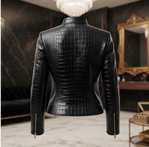 Blouson Moto Femme en Cuir PU Gaufré Façon Croco Noir, Col Montant, Manches Longues, Longueur Standard, Fermeture Éclair, Automne - Product Image 3