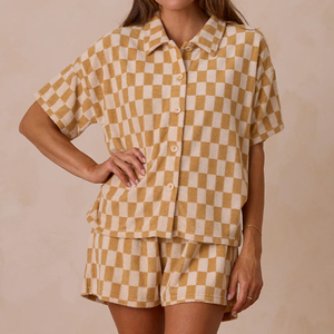 Set in spugna di cotone <span class=keywords><strong>per</strong></span> donna, abbigliamento da casa, camicia da <span class=keywords><strong>notte</strong></span> con bottoni e pantaloncini, pigiama naturale da donna, set loungewear da donna - Product Image 5