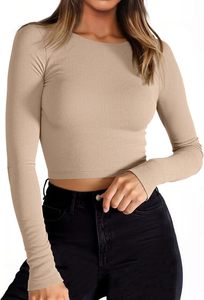T-shirt court à manches longues pour femme, en coton et élasthanne respirant, à col rond, tricoté, anti-rides, séchage rapide, décontracté - Product Image 2