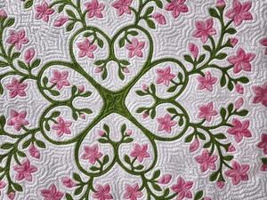 Pink Green Hawaiian Inspired Floral Applique Cotton Bedspread Handmade Artisan Heirloom Quilt For <b>Queen</b> And California King <b>Beds</b> - Product Image 6