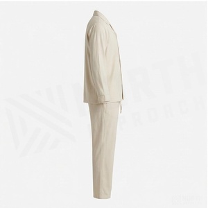 Cream Solid Color Long Sleeve Pajama Set with Button Front and Drawstring Pants - Product Image 3