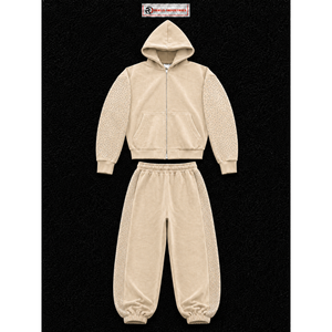 Conjunto de chándal de terciopelo beige para mujer, sudadera con capucha de cremallera completa y pantalones de pierna ancha, dos piezas, con pedrería, de lujo, estilo casual urbano, para correr - Product Image 5
