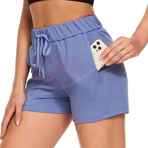 Shorts tricotés taille haute pour femmes, couleur unie, avec cordon de serrage, taille élastique, style sportif, violet, séchage rapide, poches - Product Image 5