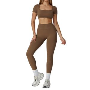 Women Red <b>Seamless</b> Ribbed Yoga Set Short Sleeve Crop Top Full Length <b>Leggings</b> Spandex Polyester Solid Color Fitness Wear - Product Image 5