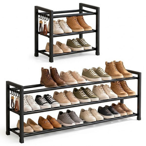Étagère à chaussures en métal extensible à 3 niveaux avec crochets - Product Image 1