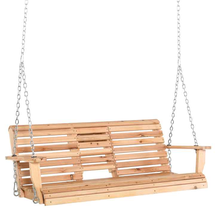 3-Seater Wooden Patio Swing Bench with Folding Table & Cup Holders Natural 440lbs for Porch or Outdoor Space