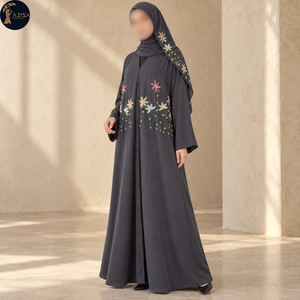 Abaya gris anthracite avec broderie florale multicolore en perles |   Robe modeste à boutons sur le devant pour les occasions spéciales et les soirées, tenue pour femmes - Product Image 2