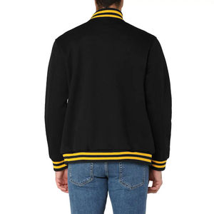 Men's Black Varsity Jacket With Yellow Striped Collar And <b>Button</b> Closure Casual Style Corduroy Fabric - Product Image 2