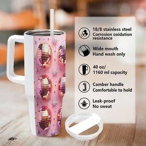 Vaso de acero inoxidable de 40 oz con asa y diseño de bola de discoteca rosa para uso en la oficina - Product Image 5